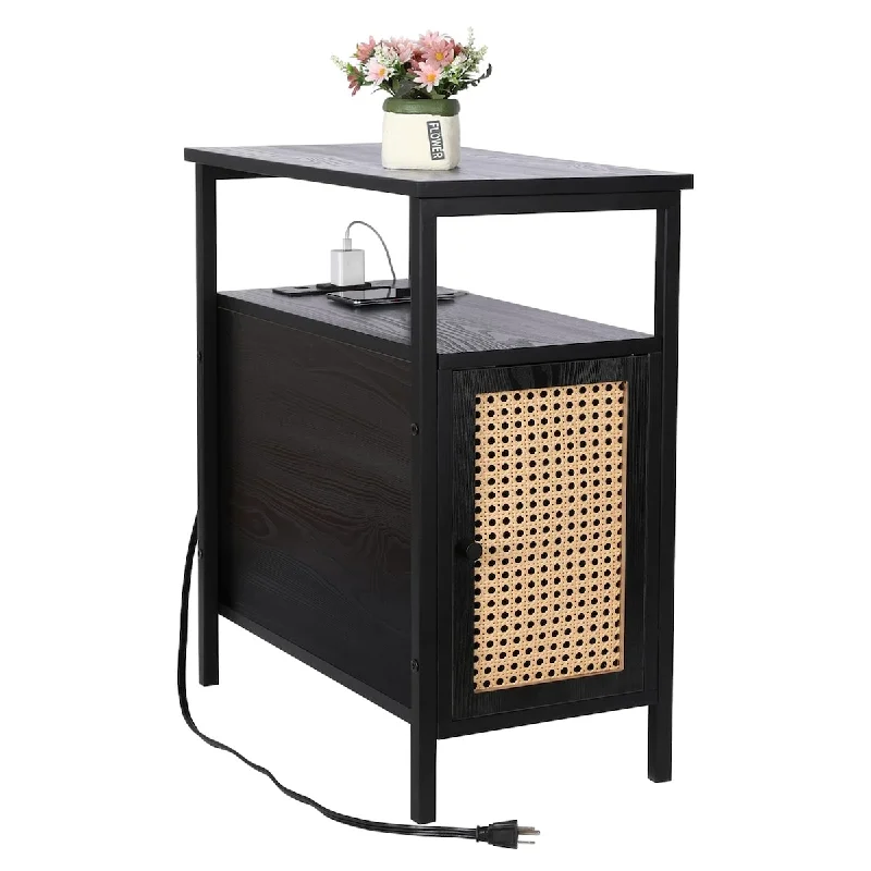 Narrow End Table with Charging Station, Black Nightstand, Rattan Side Table with USB Ports & Power Outlets