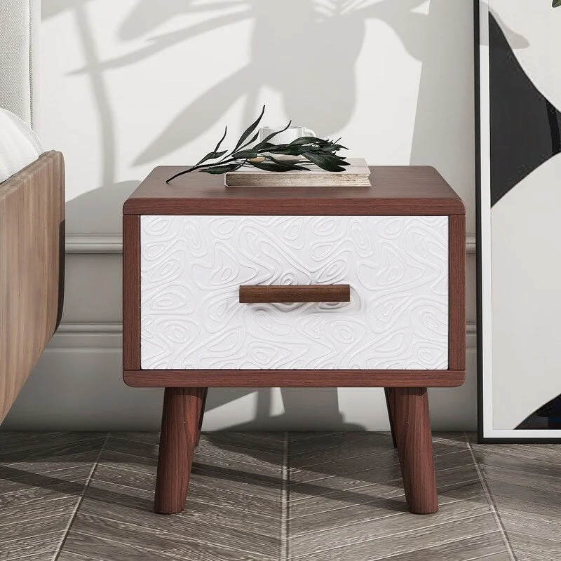 Square End Table 1-drawer Nightstand with Embossed Patterns, Wood Legs