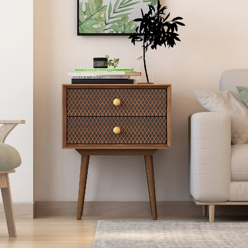 Walnut 2-Drawer Nightstand/End Table with Printed Pattern