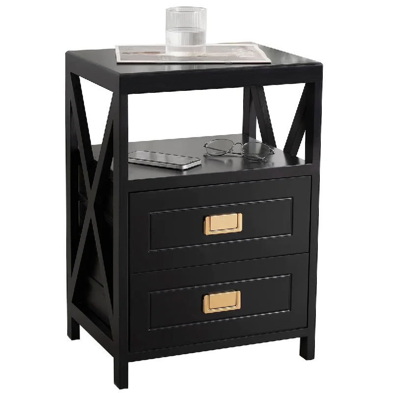 Wooden Nightstand No Assembly Required, Small Side Table Fully Assembled, Pre-Assembled End Table with 2 Drawers