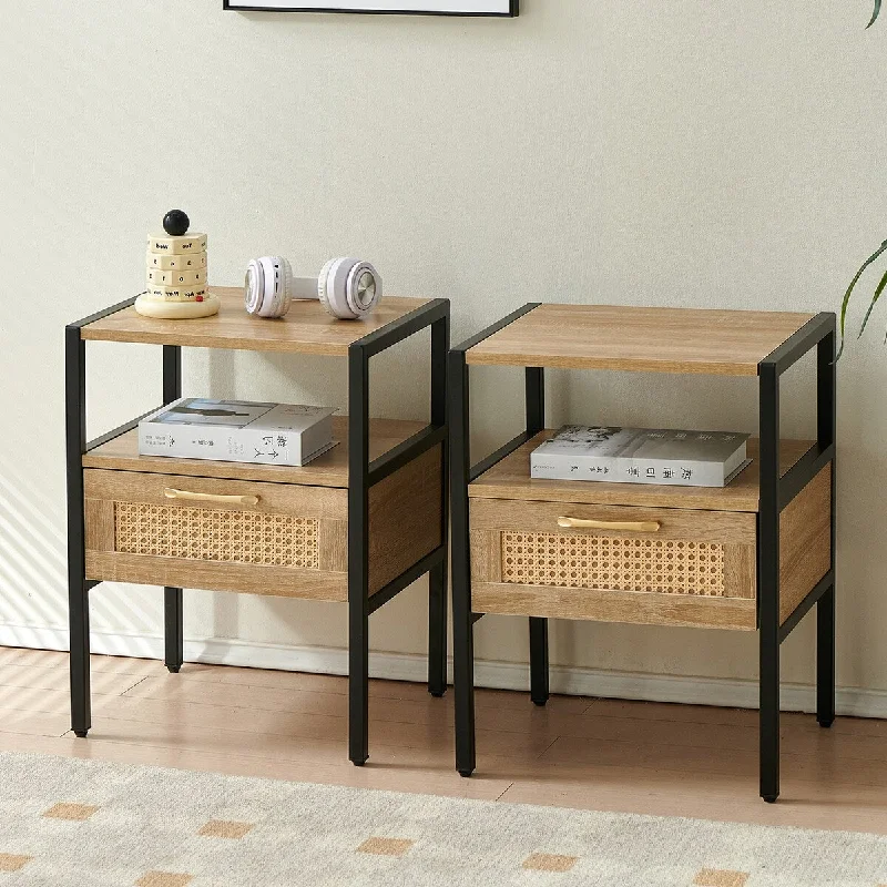 15.75" Rattan End table with Power Outlet & USB Ports ,nightstand with drawer and metal legs, side table for living room