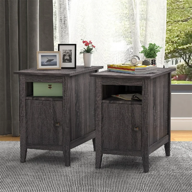 2 Pcs Wooden Nightstand End Table with 1 Drawer Storage Cabinet, Grey