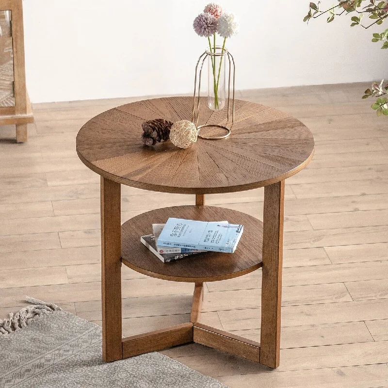 2-Tier Round End Table,Farmhouse Circle End Side Table for Living Room, Solid Wood Nightstand,25.20" W*24.21" H,Chestnut