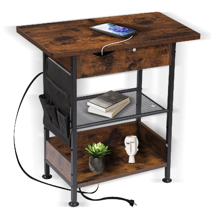 3-Tier End Table with Charging Station, Flip Top Side Table with USB Ports and Outlets for Small Spaces, Nightstand