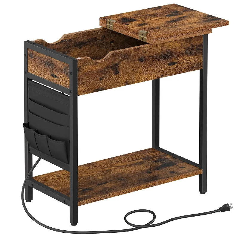 able with Storage, End Table with USB Ports and Outlets, Nightstand with Charging Station, Fabric Bags, for Living Room