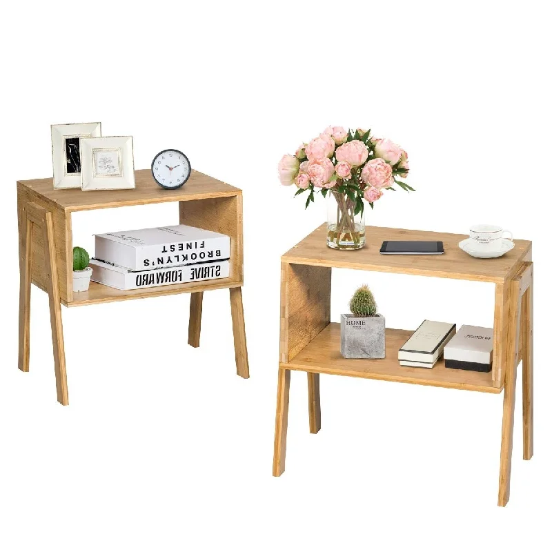 Bamboo Nightstand Set of 2, Stackable Side Table with 2-Tier Open Storage for Small Spaces, End Table