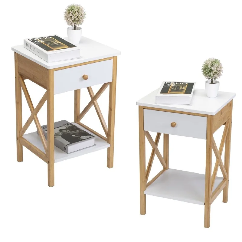 Bamboo Nightstand Set of 2, Wood End Table with Drawer