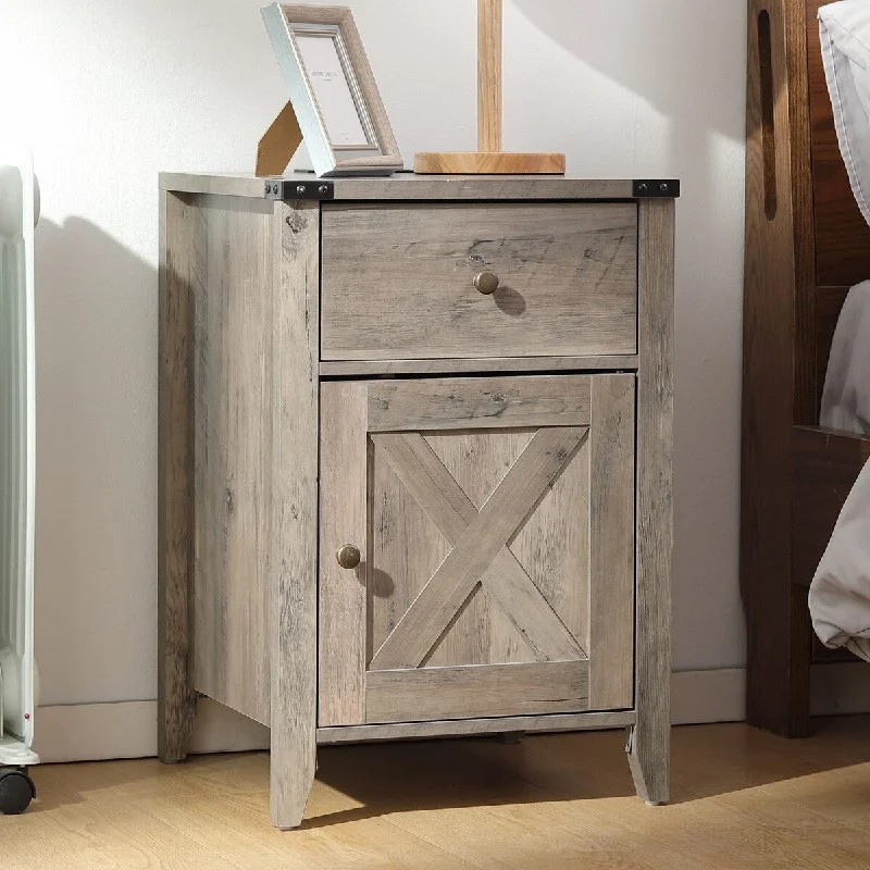 Barnwood Rustic Farmhouse Nightstand, Side Table with Barn Door and Drawers, Weathered Oak Style End Table