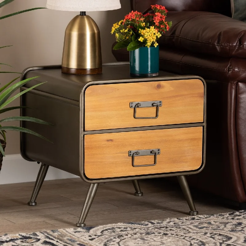 Baxton Studio Kaiya Rustic and Industrial Oak Brown Finished Wood and Black Metal 2-Drawer End Table