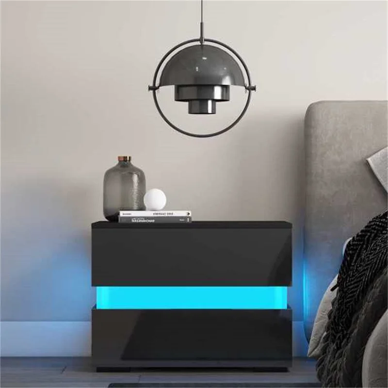 Black LED Nightstand End Table 2-Drawer Storage Shelf Side