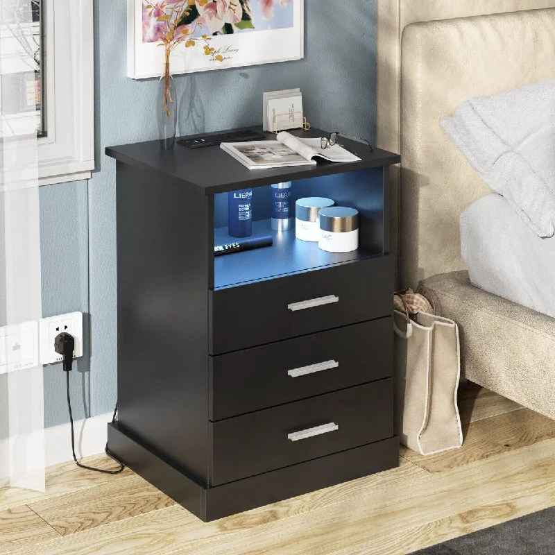 Black LED Nightstand with Charging Station, Side Table with 3 Drawers and Light, End Table with Open Storage