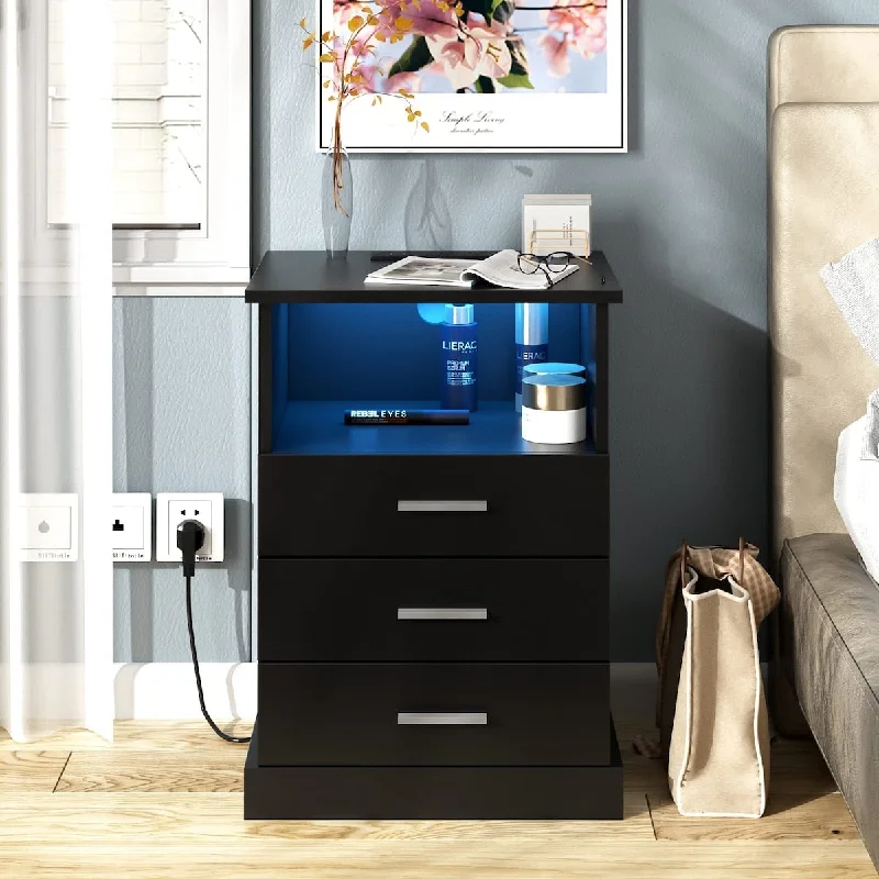 Black LED Nightstand with Charging Station, Side Table with 3 Drawers and Light, End Table with Open Storage