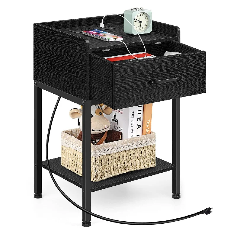 Black Nightstand, End Table with Charging Station 2-Tier Side Table with Drawer and Storage Shelf