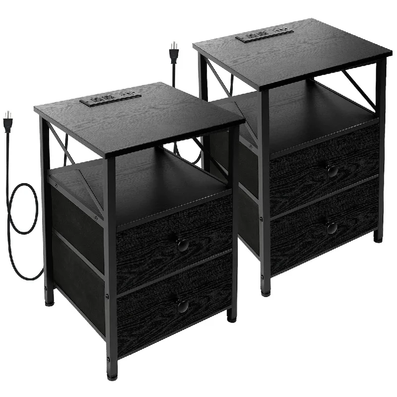 Black Nightstands Set of 2 with Charging Station, End Tables Living Room with 2 USB Ports and 2 Outlets,