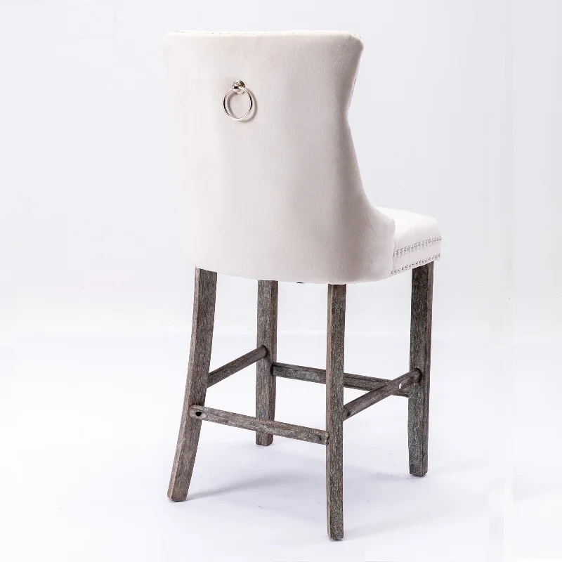 Contemporary Velvet Upholstered Barstools with Button Tufted Decoration and Wooden Legs, and Chrome Nailhead Trim