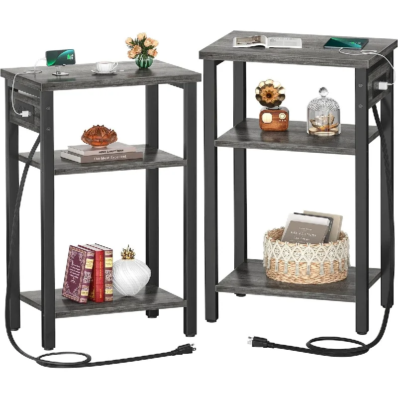 End Table Set of 2 with Charging Station, 3 Tier Small Nightstand with Storage Shelf, Slim Side Table with USB Ports & Outlets,