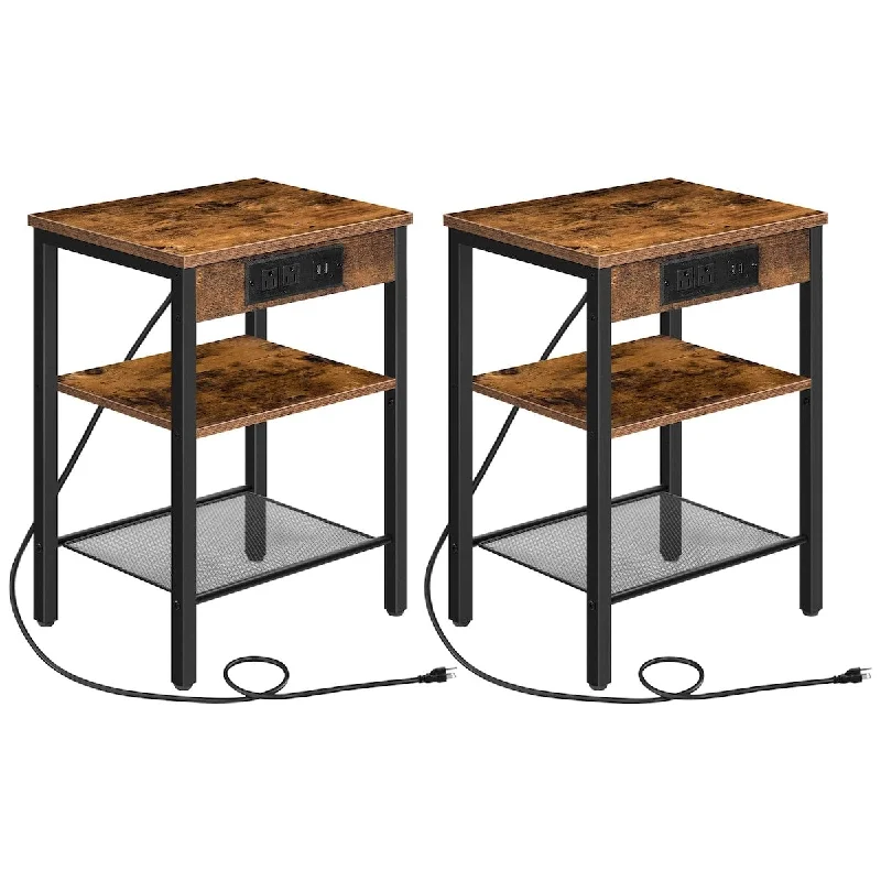 End Table Set of 2 with Charging Station and USB Ports, 3-Tier Nightstands with Adjustable Shelf, Narrow Side Table