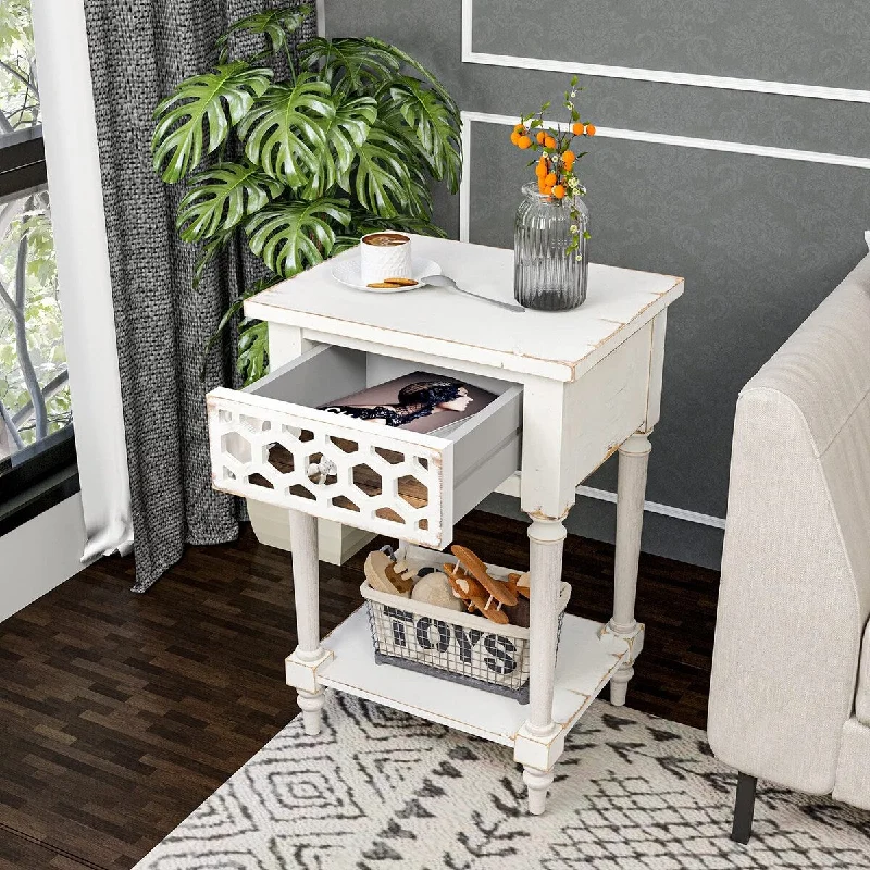 End Table w Drawer & Shlef, White Small Square Nightstand, Rectangular Modern Vintage Side Table w Honeycomb Pattern Mirror