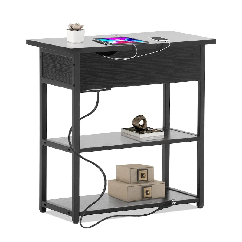 End Table with Charging Station,3-Tier Flip Top End Table with USB Ports and Bulit-in Outlets,Nightstand for Small Spaces,