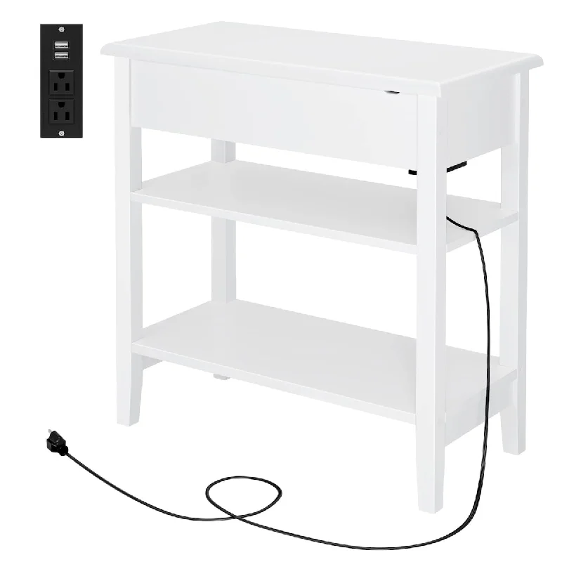 End Table with Charging Station, 3 Tier Narrow Nightstand with Storage Shelf, Slim Side Table with USB Ports & Power Outlets