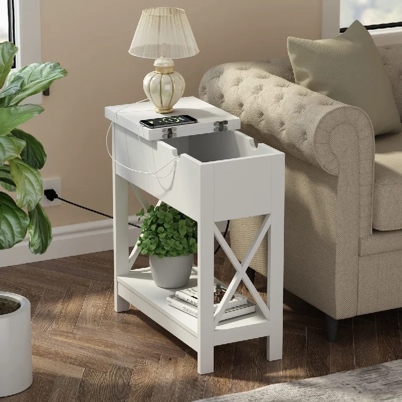 End Table with Charging Station, Narrow Flip Top Side Table with USB Ports & Power Outlets for Small Spaces