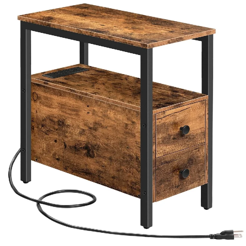 End Table with Charging Station, Narrow Side Table with 2 Drawer & USB Ports & Power Outlets, Nightstand for Small Spaces