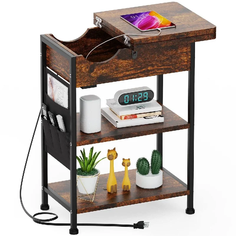 End Table with Charging Station, Narrow Side Table with USB Port and Outlet, Flip Top Nightstand with Storage Shelf, Storage Bag