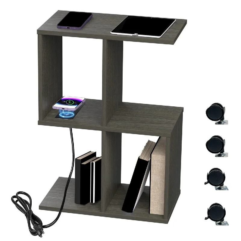 End Table with Charging Station, Narrow Side Tables with 15W Wireless Charger/USB Ports/Outlets