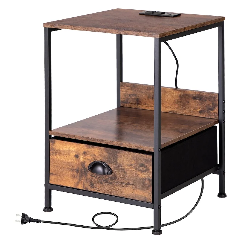 End Table with Charging Station,Nightstand with Drawer, Side Table with USB Ports and Outlets for Living Room,