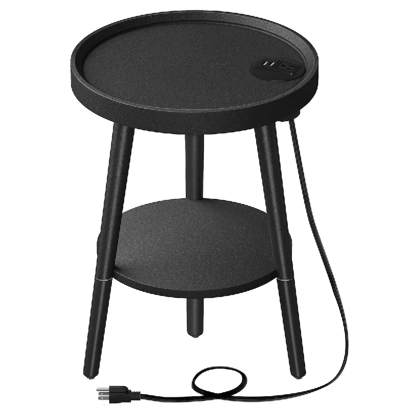 End Table with Charging Station, Round Side Table with Storage Shelf, USB Ports and Anti-drop Fence,