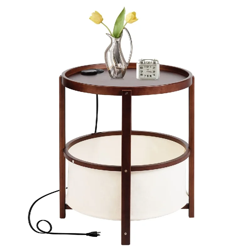 End Table with Charging Station, Side Table with Storage Bamboo Small Round End Tables Nightstand Coffee Table for Living Room