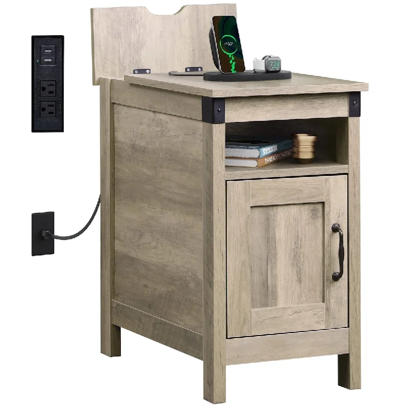 End Table with Charging Station, Side Table with USB Ports and Outlets, Narrow Side Table for Small Spaces