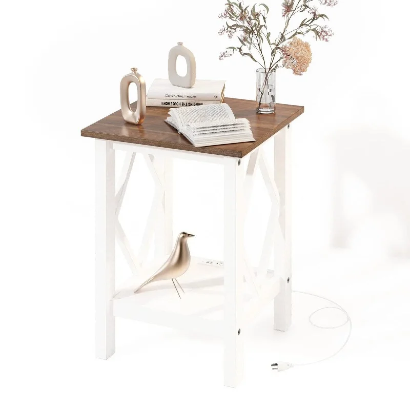 End Table with Charging Station, Side Table with USB Ports and Outlets, Nightstand, 2 Tier End Table with Storage Shelf