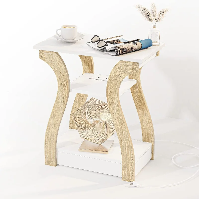 End Table with Charging Station, Side Table with USB Ports and Outlets, Nightstand, 3 Tier End Table with Storage Shelf