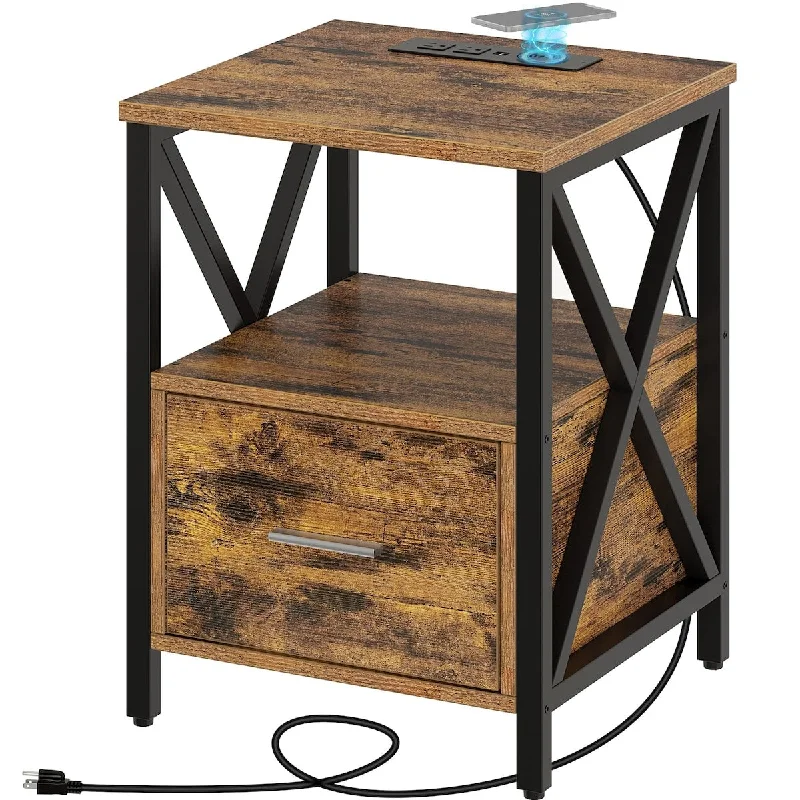 End Table with Wireless Charging Station, Nightstand with Power Outlet & USB Ports, Farmhouse Side Table with Drawer Storage