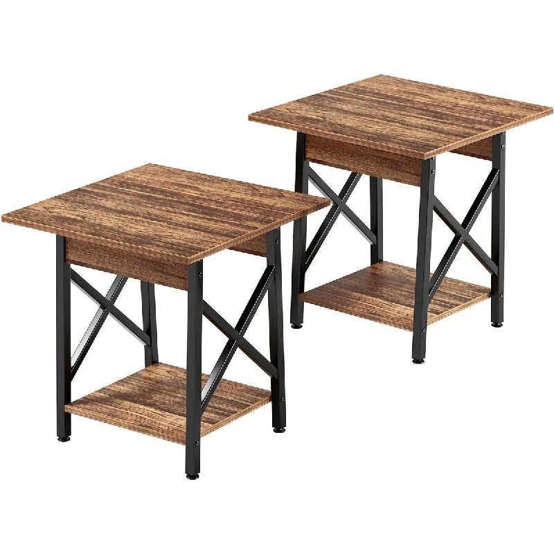 End Tables Living Room Set of 2, Industrial Side Table Nightstand with Storage Shelf, Easy Assembly, Rustic Walnut