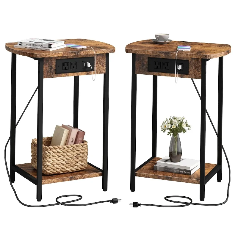 End Tables with Charging Station, Set of 2 Side Tables with USB Ports and Outlets, Nightstands with Storage Shelf