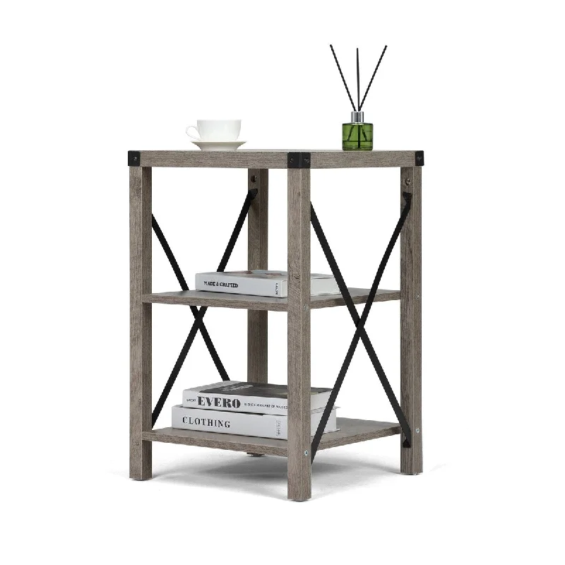 Farmhouse End Table Wood Side Table Storage Shelf Gray Wash