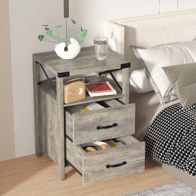 Farmhouse Nightstand with Charging Station, Gray Side Table with 2 Drawers Storage End Table Rustic Metal X Night Stand