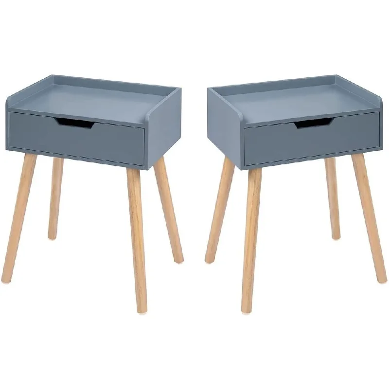 Floating Shelf End Table with Drawer - Set of 2 Wooden Side Tables