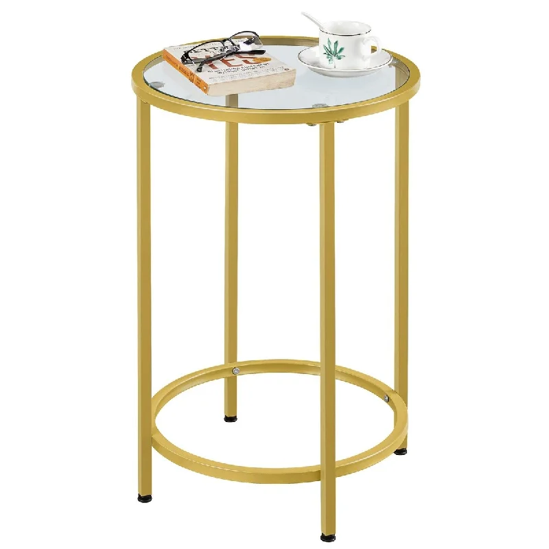 Glass End Table Set of 2, Round Side Tables Small Accent Table Nightstand Set w/Glass Top & Metal Frame & Easy Assembly