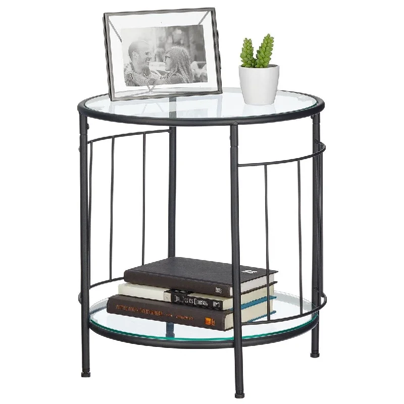 Glass Top Side/End Table - Small Art Deco Round Geometric Accent Metal Nightstand Furniture for Living Room, Dorm, Home Office