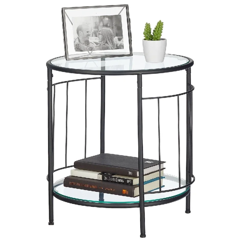 Glass Top Side/End Table - Small Art Deco Round Geometric Accent Metal Nightstand Furniture for Living Room, Dorm, Home Office