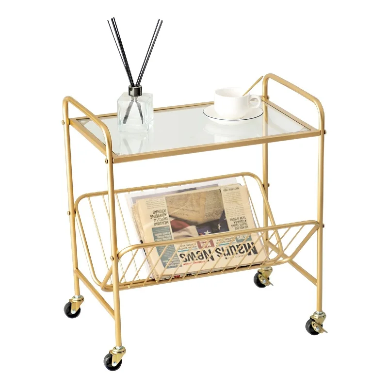 Gold End Table Glass Side Table, Rectangular Modern Metal Two-Story Small Coffee Table Nightstand with Magazine Storage & Wheels