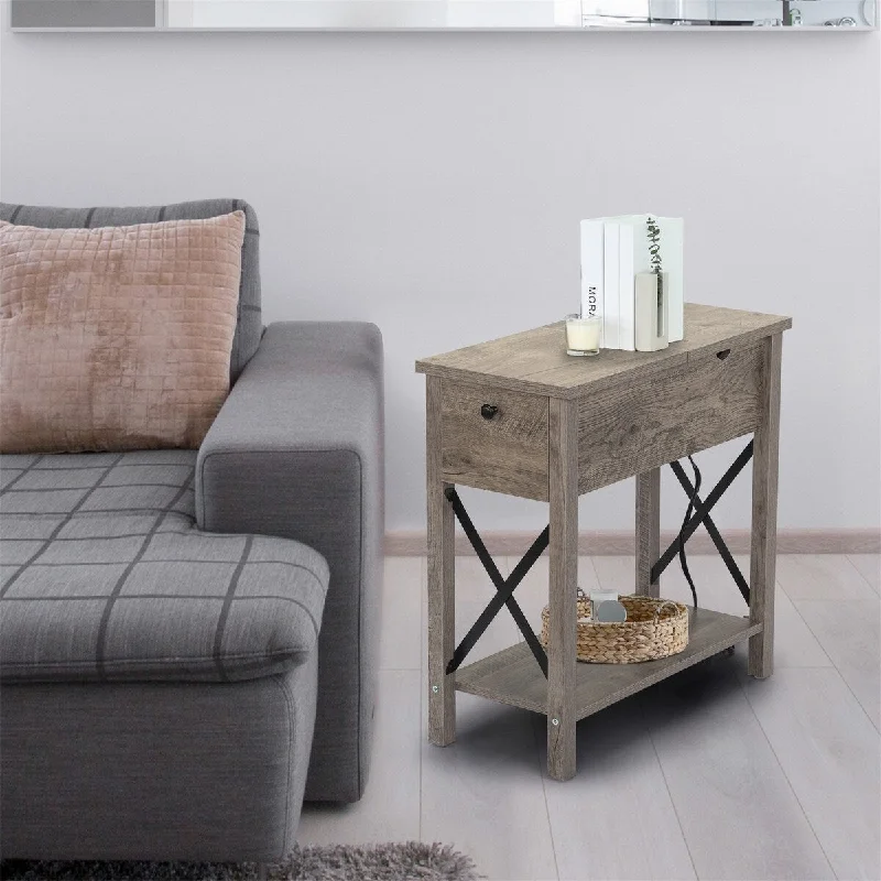 Gray Farmhouse Flip Top End Table with Charge Station