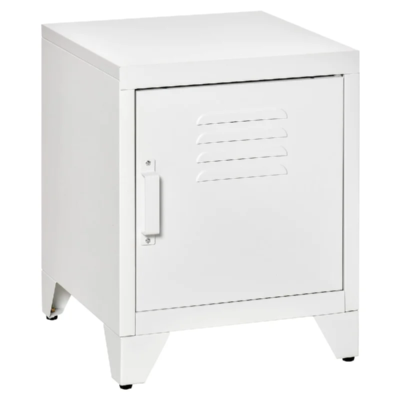 Industrial End Table, Living Room Side Table with Locker-Style Door and Adjustable Shelf, White