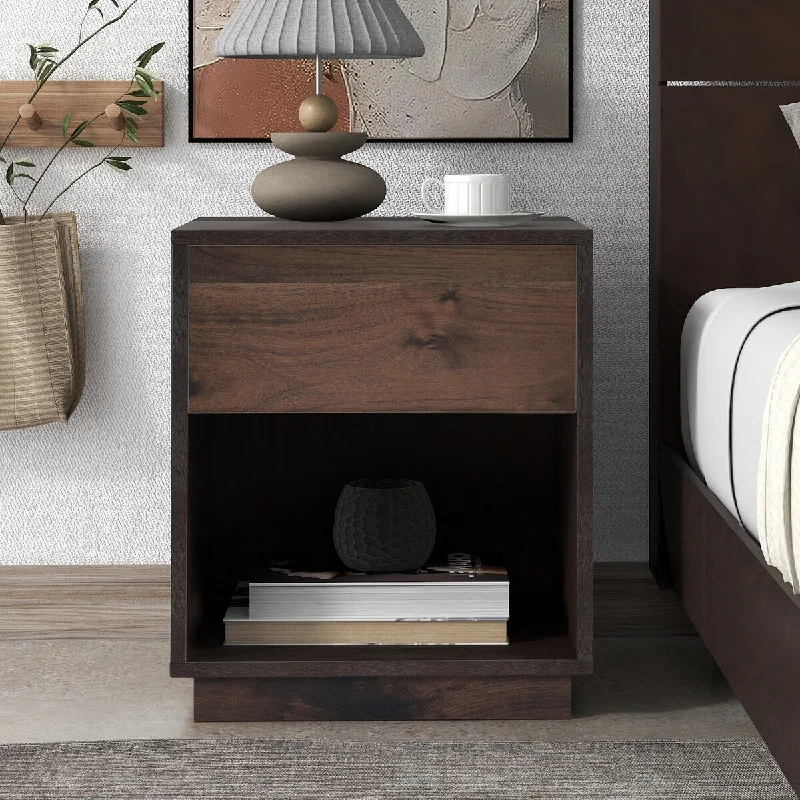 Mid-Century Modern Nightstand End Table Open Storage with One Drawer, Dark Brown