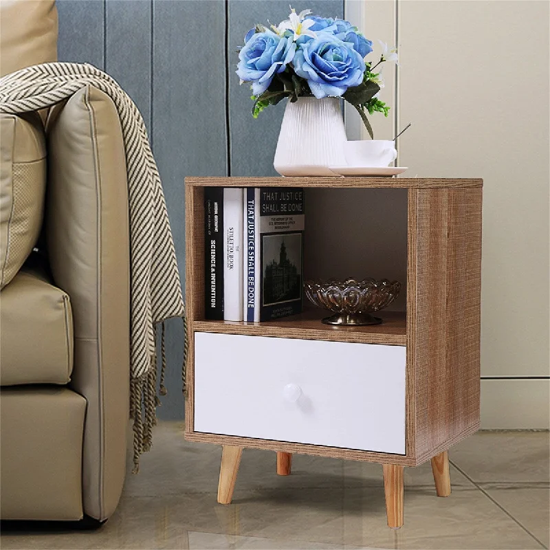 Mid-Century Nightstand, Modern End Table with Drawer and Open Shelf