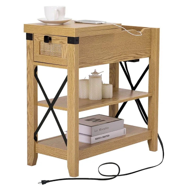 Narrow End Table with Charging Station Farmhouse Slim Side Table w/USB Ports Power Outlets, Rattan Nightstand w/Flip Top