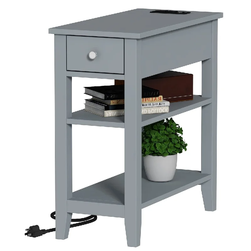 Narrow End Table with Charging Station, Side Table Living Room with USB Ports & Power Outlets and Hidden Drawer, 3-Tier Skinny